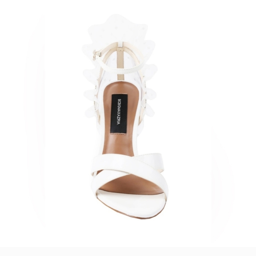 BCBGMAXAZRIA Stella White Patent Leather Ruffle Sandal Heel Size 8 - Picture 4 of 7